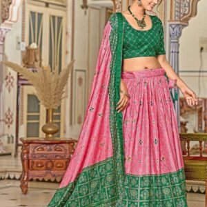 Pink Dola Silk Lehenga Choli with Green Blouse & Minakari Foil Print | Wedding & Festive Wear