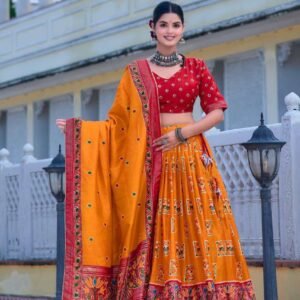 Orange Tussar Silk Lehenga Choli with Red Blouse | Bandhani Peacock & Foil Print | Wedding & Festive Wear