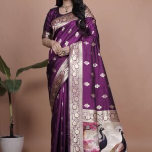 Royal Purple Banarasi Silk Saree with Golden Zari & Peacock Pallu | Wedding, Festive & Traditional Wear