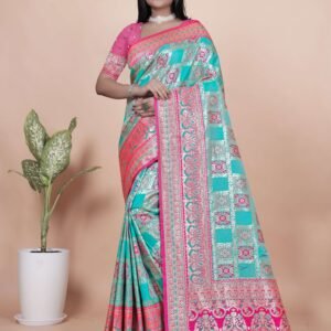 Aqua Blue & Pink Banarasi Silk Saree with Silver Zari | Festive & Wedding Wear Saree | Elegant Banarasi Saree with Contrast Pallu