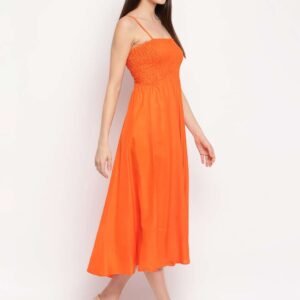 Women's Viscose Rayon Solid Shoulder Straps Sleeveless Flared Gown Drees (Orange)