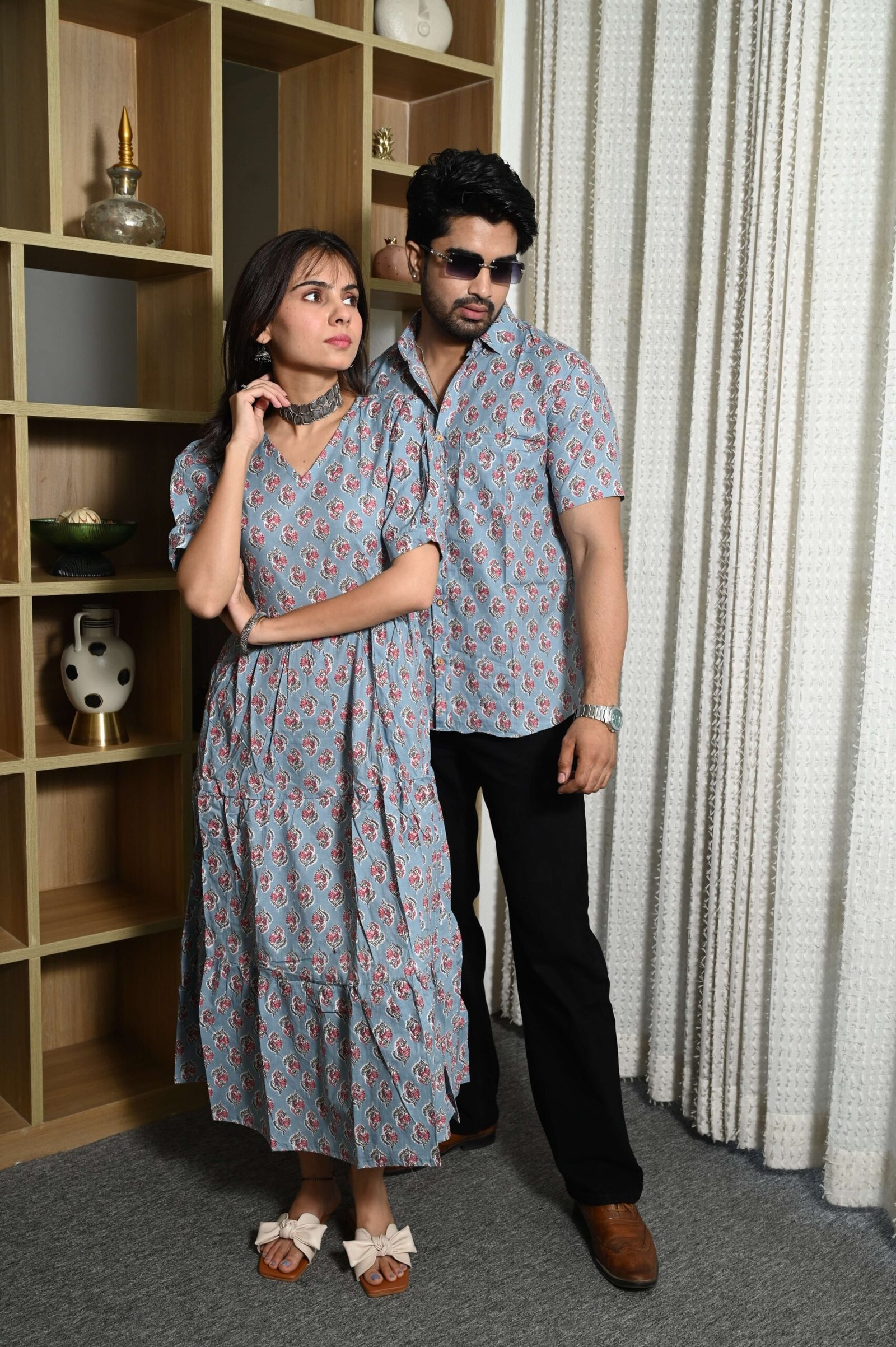 Couple Matching Sky Blue Cotton Anarkali Midi Dress and Shirt Set ? Pink Floral Print - Image 2