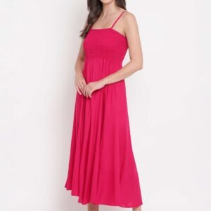 Women's Viscose Rayon Solid Shoulder Straps Sleeveless Flared Gown Drees (Pink)