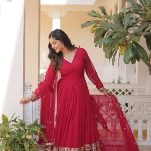 Pink Faux Blooming Gown with Sequined Dupatta ? Elegant Fully Flared Party & Wedding Set