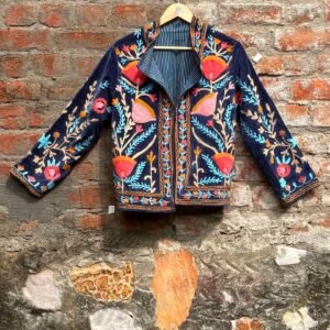 Womens Navy Blue Velvet Embroidered Jacket with Floral Design
