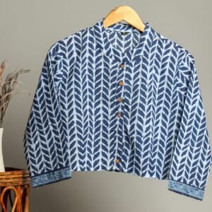 Hand Block Printed Cotton Shirt for Women ? Indigo Blue Leaf Print Button-Down Top with Long Sleeves