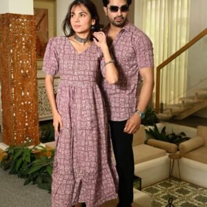 Couple Matching Mauve Cotton Anarkali Midi Dress and Shirt Set ? Abstract Line Print