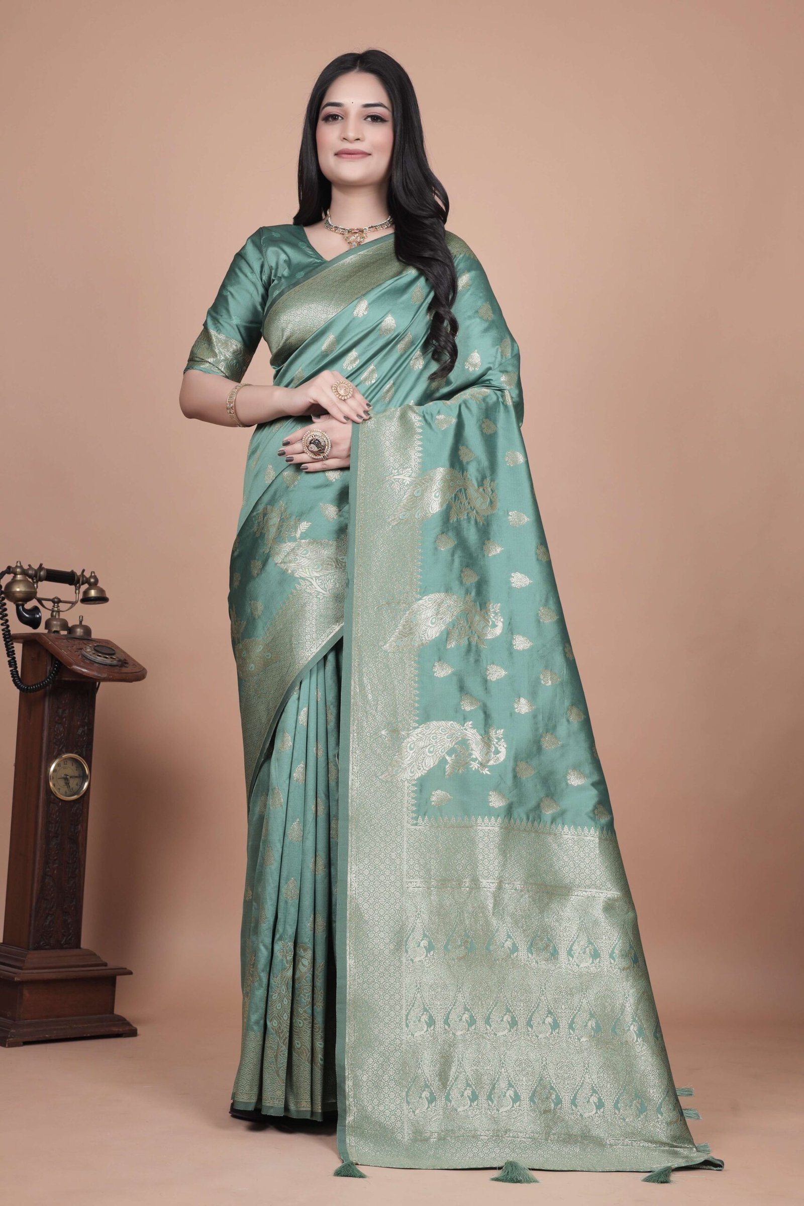 Mint Green Banarasi Silk Saree with Golden Zari & Peacock Design | Wedding, Festive & Traditional Wear | Designer Saree