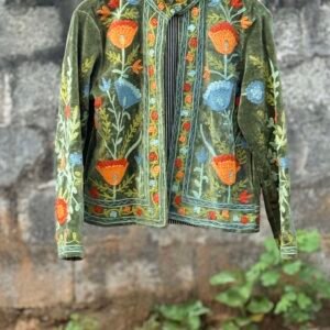Womens Olive Green Velvet Embroidered Jacket with Floral Design