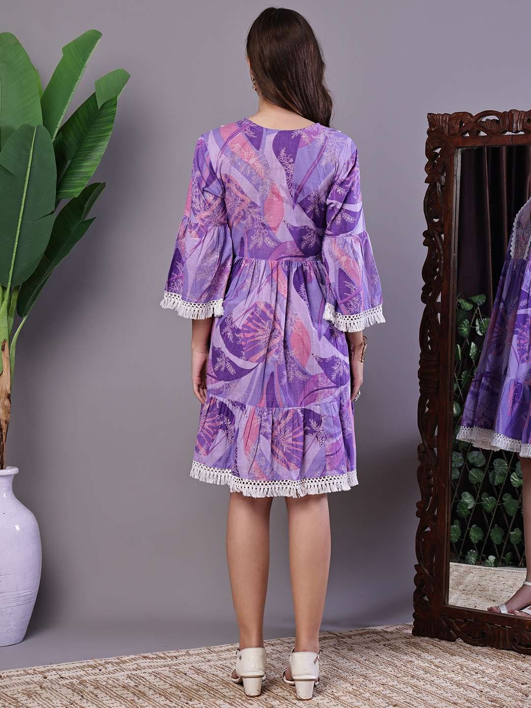 Wome's Purple Floral Cotton A-Line Dress with Lace Detailing Midi Dresses - Image 2