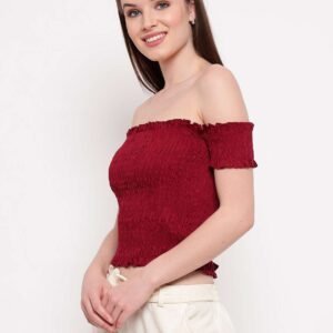 Women's Rayon Solid Off-Shoulder Smocked Crop Top Short Sleeve Casual Styles Tank Top (FREE SIZE) Multi23