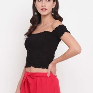 Women's Rayon Solid Off-Shoulder Smocked Crop Top Short Sleeve Casual Styles Tank Top (FREE SIZE) Multi18