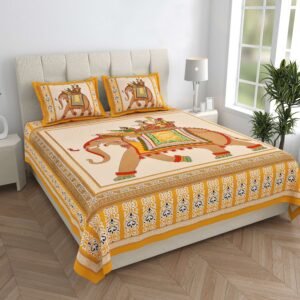 Rajasthani Traditionally Printed Cotton Doublebed Bedsheet With Pack of 2 Pillow Covers