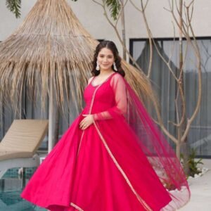 Womens Pure Romansilk Chanderi Anarkali Kurti with Pant & Dupatta Set