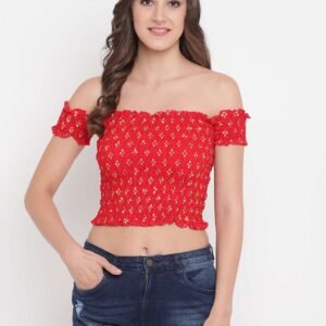 Women's Rayon Printed Off-Shoulder Smocked Crop Top Short Sleeve Casual Styles Tank Top (FREE SIZE) Multi9