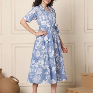 Women's Cotton Printed A-Line Midi Dress | Short Sleeve Flared Gown Dress (Sky Blue)