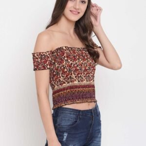 Women's Rayon Printed Off-Shoulder Smocked Crop Top Short Sleeve Casual Styles Tank Top (FREE SIZE) Multi3