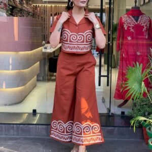 Women's Cotton Embroidered Crop top Co-Ord Set Coordinate Set Summer Wear Printed Crop Top with Pant Set